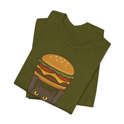 "Hanba-nyaa~" Cute Japanese Cat T-Shirt – Funny Burger & Cat Design – Kawaii Style Unisex Tee – Gift for Food & Cat Lovers