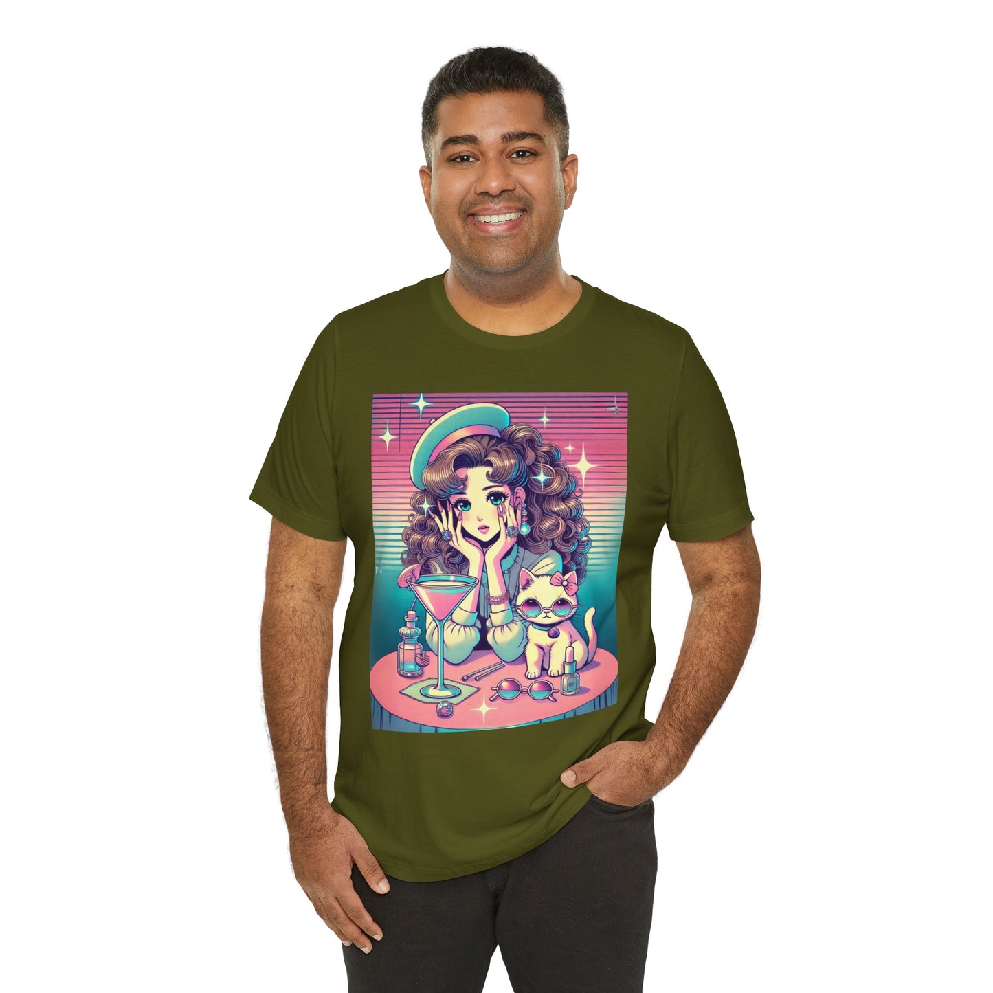 Retro Girl and Cat Graphic Tee Vaporwave Pastel Aesthetic Cocktail Lounge 80s Inspired Shoujo Style T Shirt Gift for Daughter or Dad