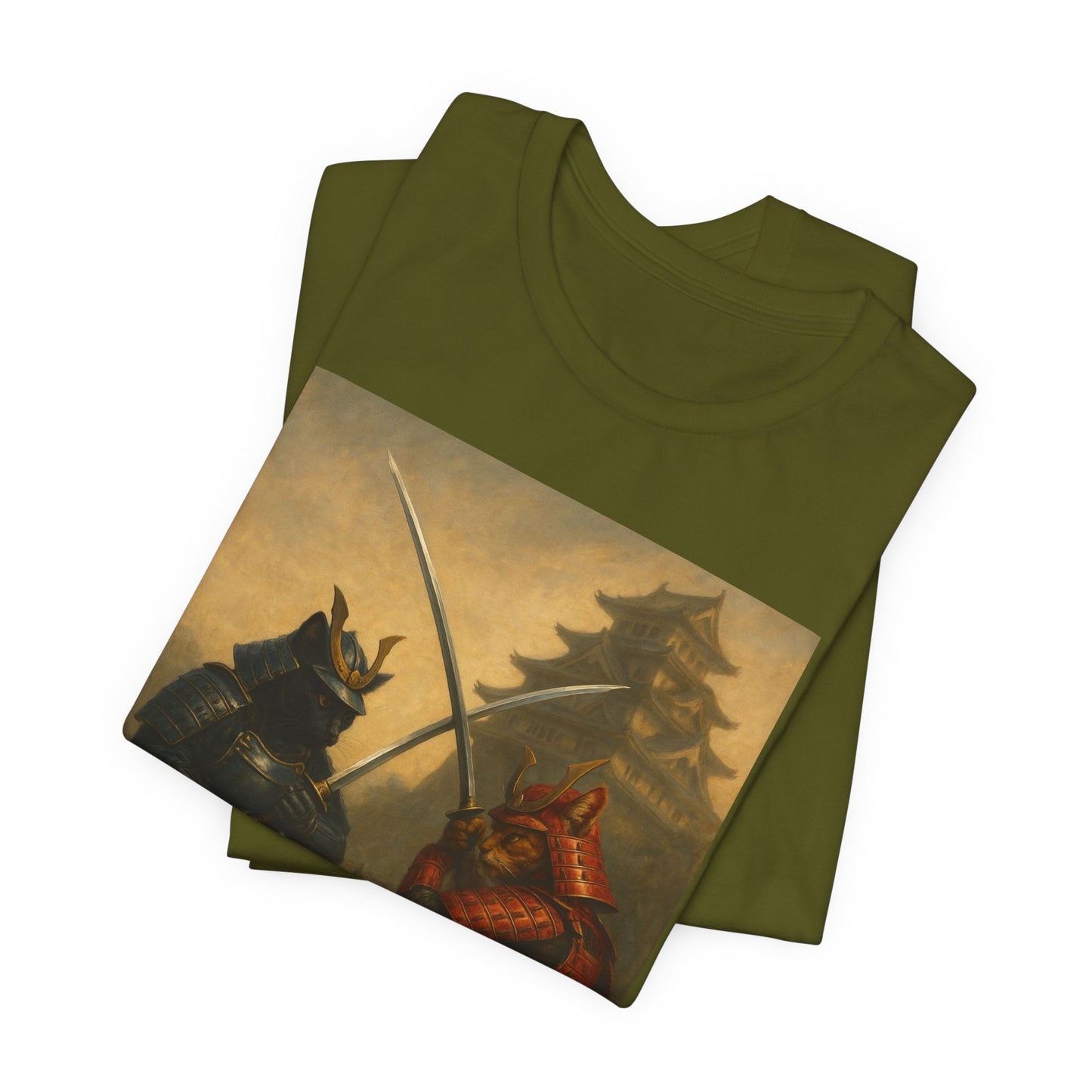 Epic Cat Samurai Battle Tee - War Horses Clash in Front of Japanese Castle  Feline Warrior Art Shirt for Fantasy & Japan Lovers