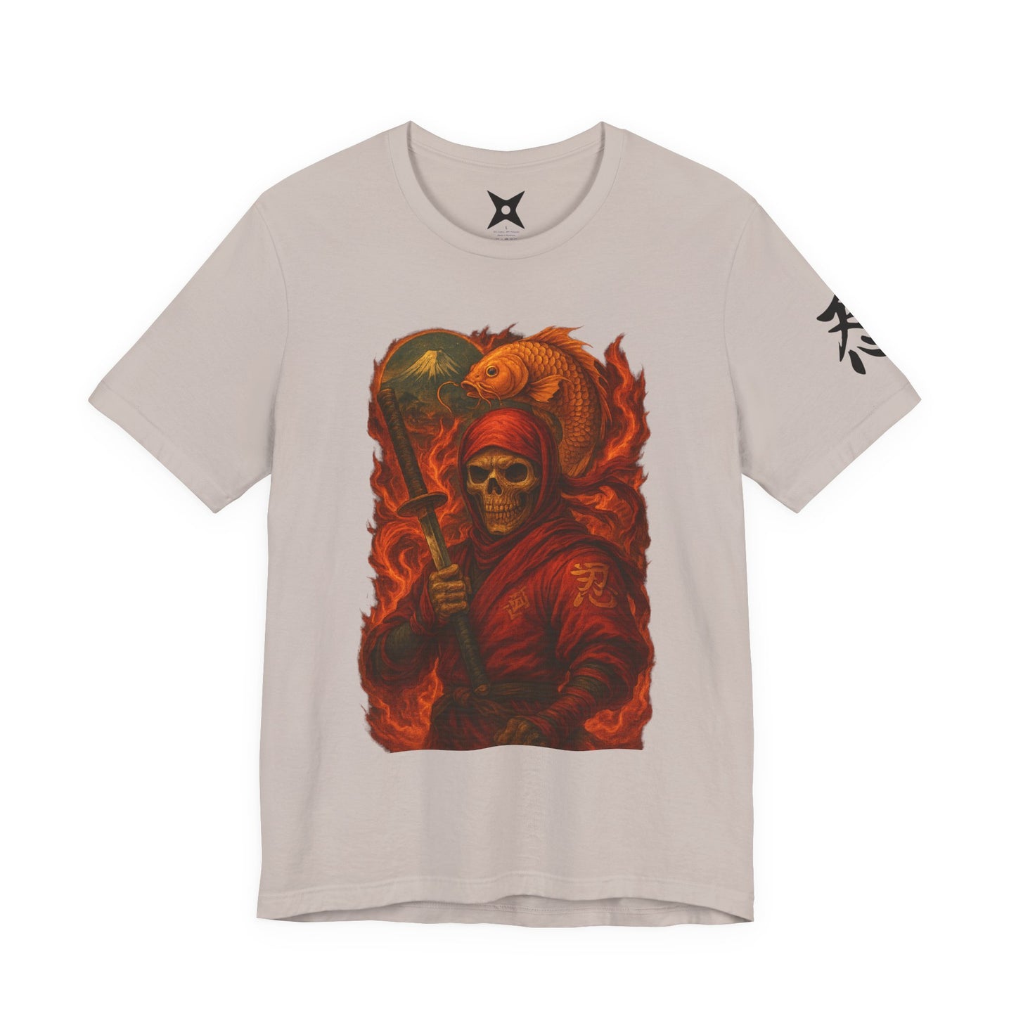 Dark Red Ninja Skull T-Shirt -Japanese Horror Art, Skeleton Ninja with Golden Koi, High-Detail Gothic Warrior Tee, Unisex Streetwear