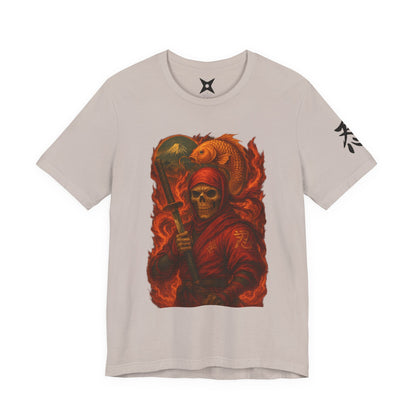Dark Red Ninja Skull T-Shirt -Japanese Horror Art, Skeleton Ninja with Golden Koi, High-Detail Gothic Warrior Tee, Unisex Streetwear