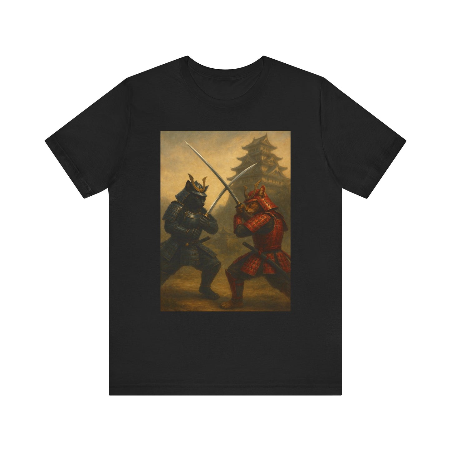 Epic Cat Samurai Battle Tee - War Horses Clash in Front of Japanese Castle  Feline Warrior Art Shirt for Fantasy & Japan Lovers