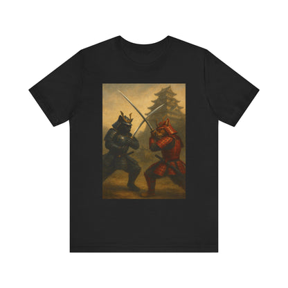 Epic Cat Samurai Battle Tee - War Horses Clash in Front of Japanese Castle  Feline Warrior Art Shirt for Fantasy & Japan Lovers