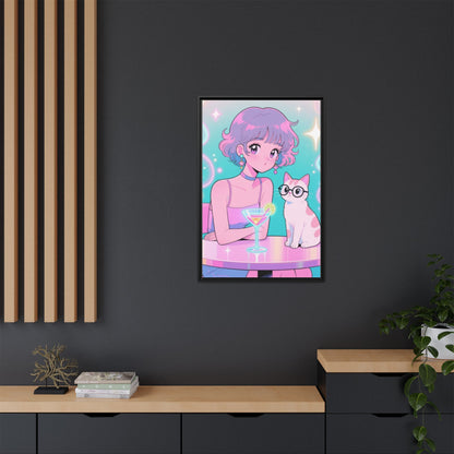 Anime Girl and Cat Canvas Pastel Neon Retro Shoujo Wall Art Kawaii Cocktail Aesthetic Gift for Daughter or Dad