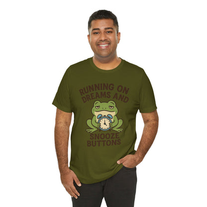 Running on Dreams and Snooze Buttons Shirt Sleepy Frog Tee Funny Night Owl Top Great Dad Gift Cozy Loungewear Aesthetic