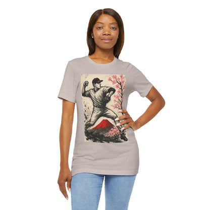Pro Baseball Pitcher Sumi Ink Art Shirt Fuji Sakura Retro Japanese Print Windup Fastball Tee Japan Inspired Sports Art Gift for Dad