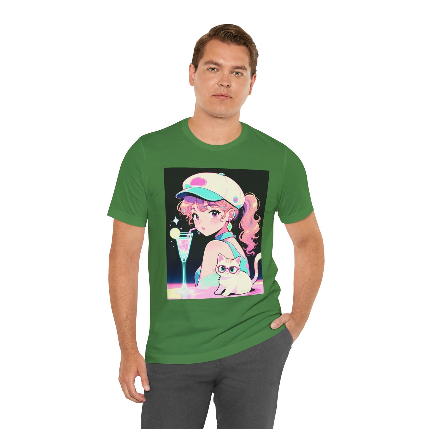 Retro Girl and Cat T Shirt Vaporwave Pastel Anime Shoujo Graphic Tee Neon Cocktail Aesthetic Kawaii Gift for Daughter or Dad Casual Streetwear