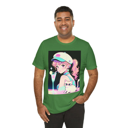 Retro Girl and Cat T Shirt Vaporwave Pastel Anime Shoujo Graphic Tee Neon Cocktail Aesthetic Kawaii Gift for Daughter or Dad Casual Streetwear