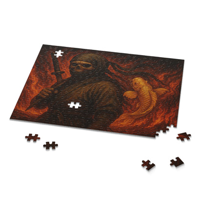 Dark Ninja Skull Puzzle-Gothic Japanese Horror Art, Golden Koi & Fire, High-Detail Mystery Warrior Jigsaw for Adults, Unique Gift Idea
