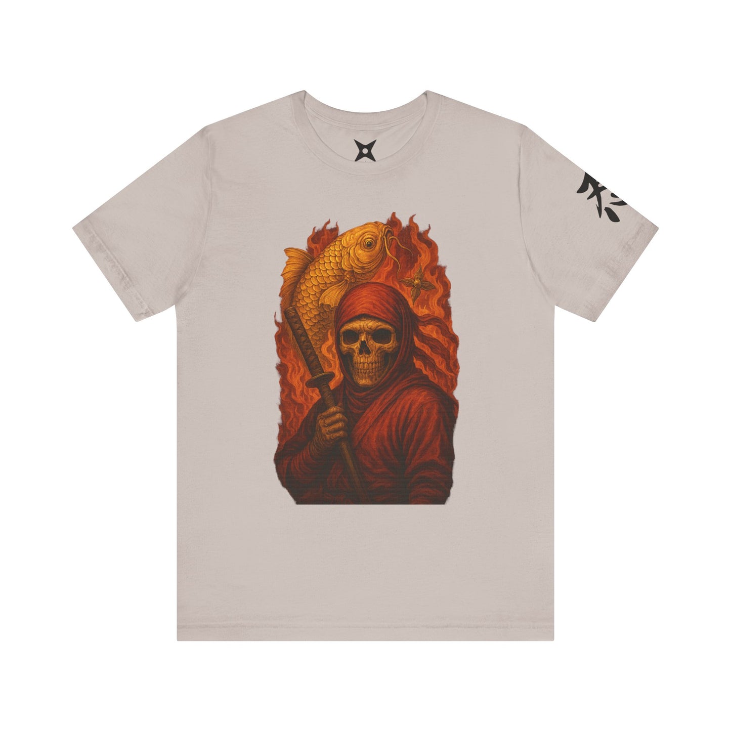 i, High-Detail Gothic Warrior TeDark Red Ninja Skull T-Shirt-Japanese Horror Art, Skeleton Ninja with Golden Koe, Unisex Streetwear