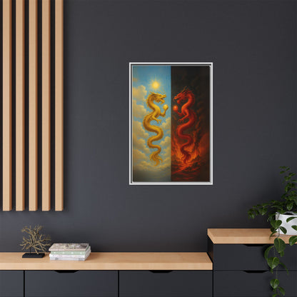 Heaven and Hell Twin Dragons Canvas Feng Shui Wall Art Gold and Red Dragon Pearls Sun and Fire Yin Yang Good Luck Decor Gift for Dad