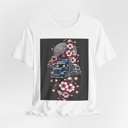 Cherry Blossom Convoy T-Shirt | Japanese Sakura x Modern Truck Art | Unique Graphic Tee for Drivers & Streetwear Lovers No.005