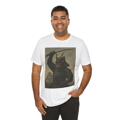 Cat Samurai Strike Tee | Epic Armored Feline Raising Katana | Japanese Warrior Art Unisex Shirt