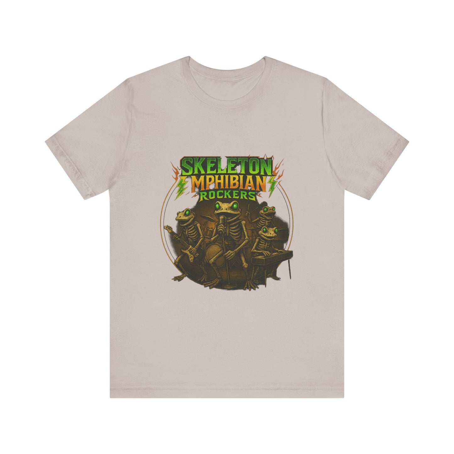 Skeleton Amphibian Rockers Album Cover Tee - Green Eyed Skeleton Frog Band Vocal Guitar Piano Drums Rock Art Shirt