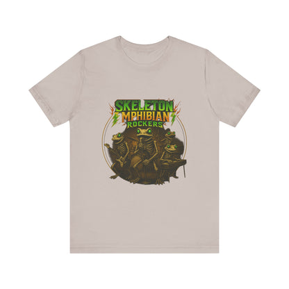 Skeleton Amphibian Rockers Album Cover Tee - Green Eyed Skeleton Frog Band Vocal Guitar Piano Drums Rock Art Shirt