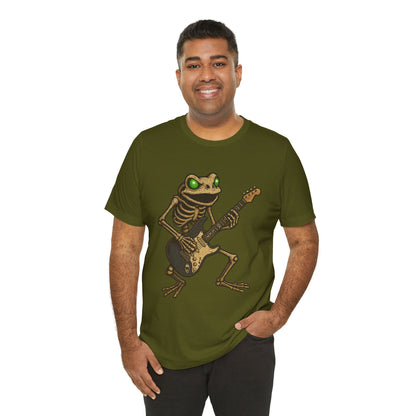 Skeleton Frog Shredding Electric Guitar Tee - Glowing Green Eyes Rock Art Shirt for Musicians Frog Lovers and Gothic Punk Style