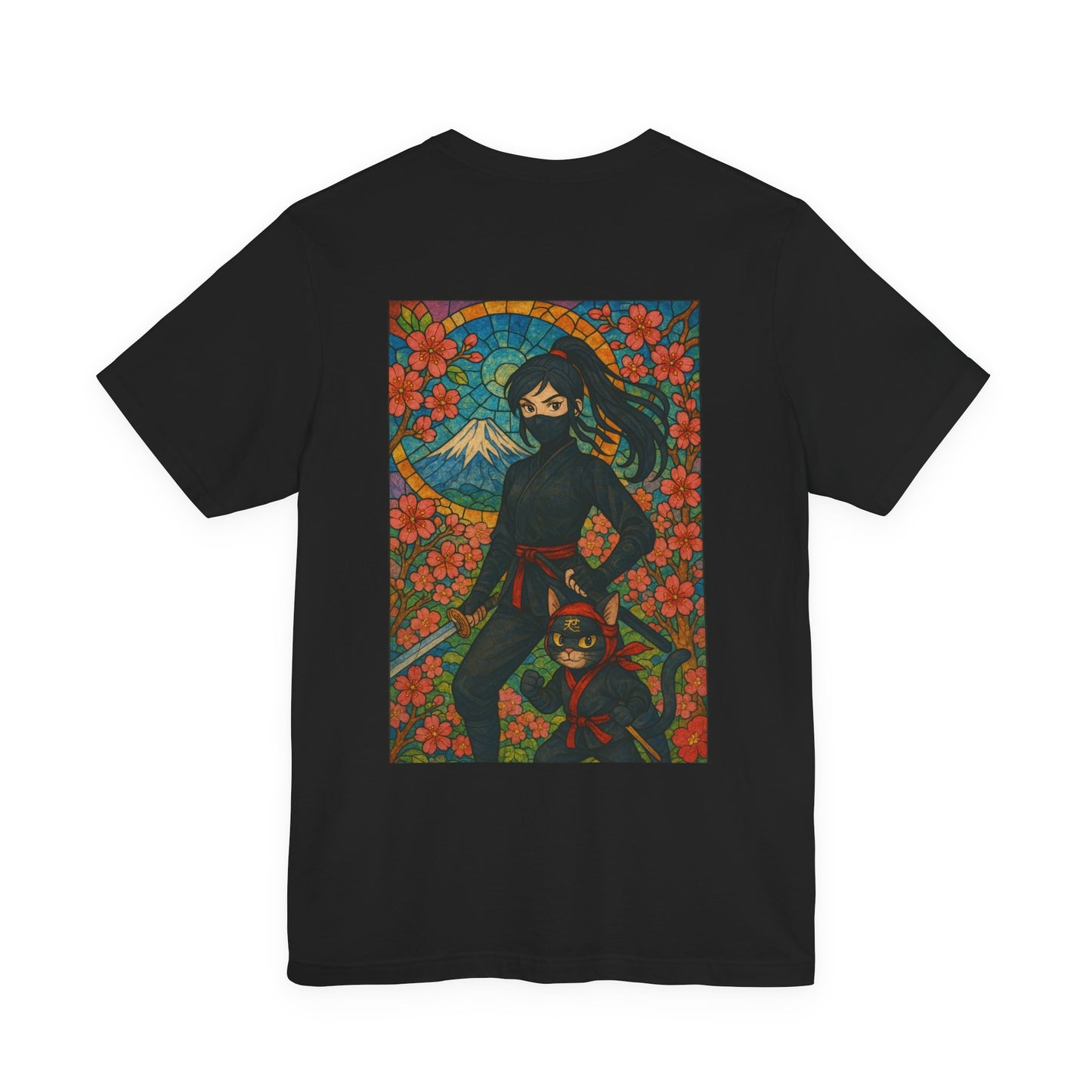 Ninja and Cat T-Shirt - Female Ninja in Black Outfit with Shuriken-Japanese Samurai Style, Mount Fuji, Cherry Blossoms-Cool Unisex Anime Tee