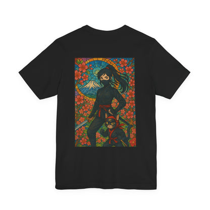 Ninja and Cat T-Shirt - Female Ninja in Black Outfit with Shuriken-Japanese Samurai Style, Mount Fuji, Cherry Blossoms-Cool Unisex Anime Tee