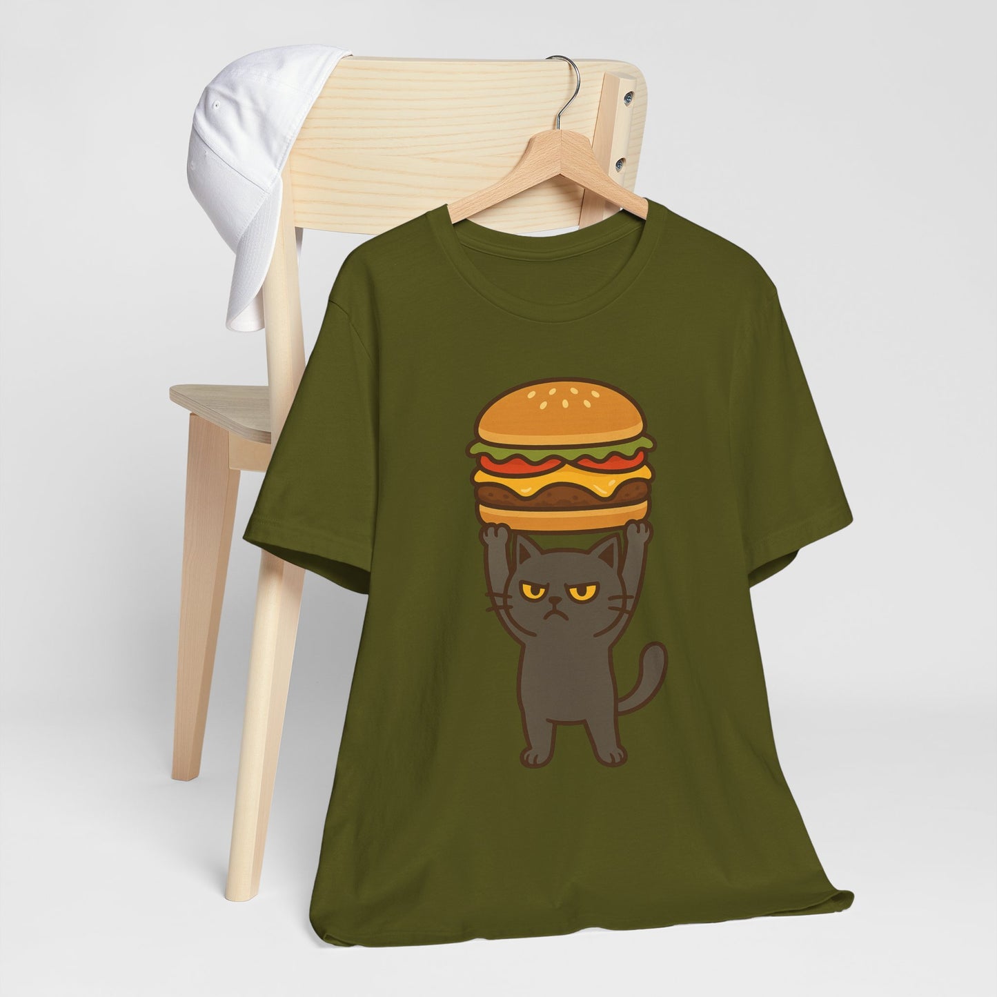 "Hanba-nyaa~" Cute Japanese Cat T-Shirt – Funny Burger & Cat Design – Kawaii Style Unisex Tee – Gift for Food & Cat Lovers