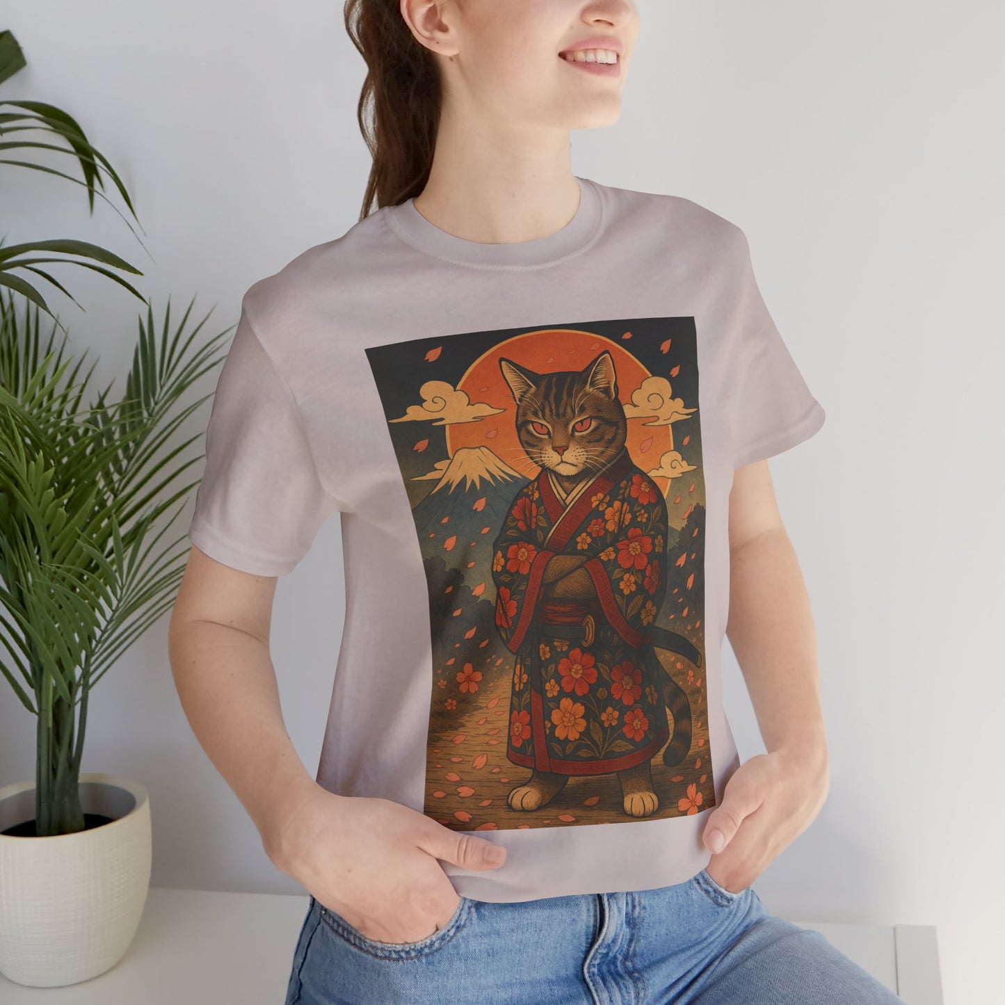 Samurai Cat T-Shirt - Floral Kimono Warrior with Katana | Japanese Ukiyo-e Style, Cherry Blossoms & Mount Fuji | Bold Cat Art Tee