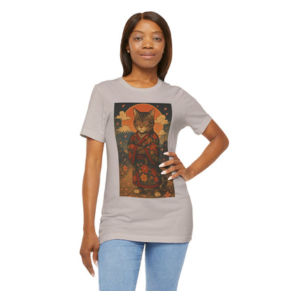 Samurai Cat T-Shirt - Floral Kimono Warrior with Katana | Japanese Ukiyo-e Style, Cherry Blossoms & Mount Fuji | Bold Cat Art Tee