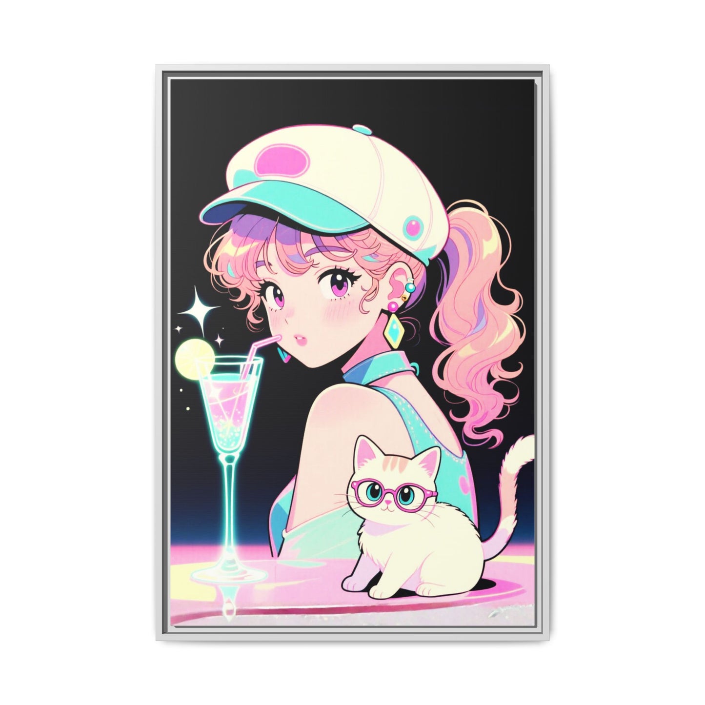 Retro Girl and Cat Canvas Vaporwave Pastel Anime Shoujo Wall Art Neon Cocktail Aesthetic Kawaii Gift for Daughter or Dad