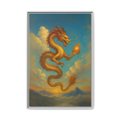 Golden Dragon Canvas Feng Shui Wall Art Asian Myth Painting Sky Cloud Mountain Good Luck Decor Gift for Dad Living Room Office