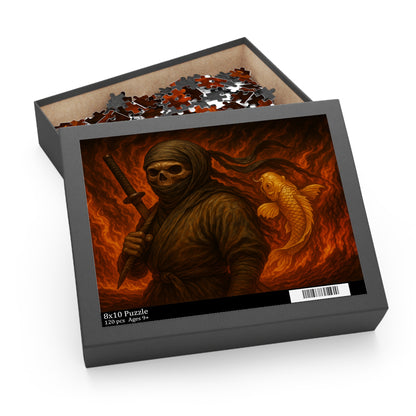 Dark Ninja Skull Puzzle-Gothic Japanese Horror Art, Golden Koi & Fire, High-Detail Mystery Warrior Jigsaw for Adults, Unique Gift Idea