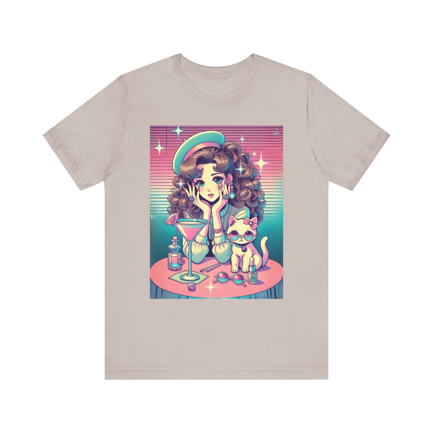 Retro Girl and Cat Graphic Tee Vaporwave Pastel Aesthetic Cocktail Lounge 80s Inspired Shoujo Style T Shirt Gift for Daughter or Dad