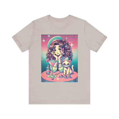 Retro Girl and Cat Graphic Tee Vaporwave Pastel Aesthetic Cocktail Lounge 80s Inspired Shoujo Style T Shirt Gift for Daughter or Dad