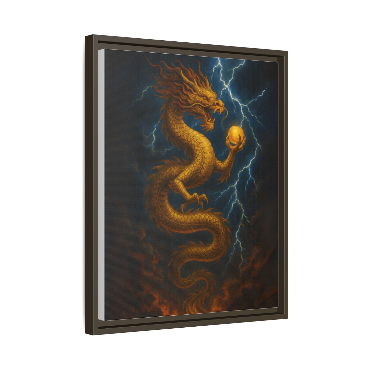 Golden Dragon Canvas Feng Shui Wall Art Lightning Storm Dragon with Pearl Good Luck Decor Gift for Dad Office Living Room