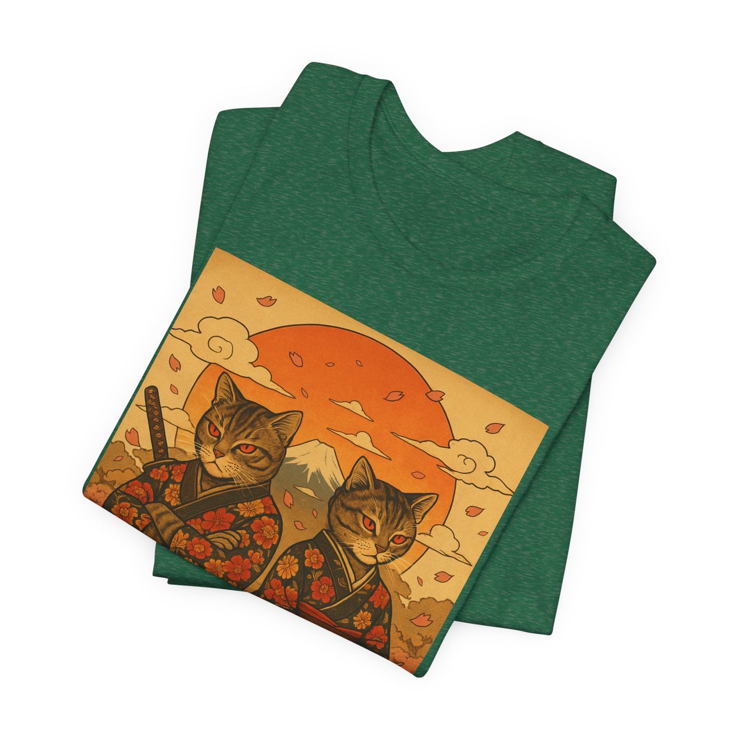 Samurai Cat T-Shirt - Floral Kimono Warrior with Katana | Japanese Ukiyo-e Style, Cherry Blossoms & Mount Fuji | Bold Cat Art Tee