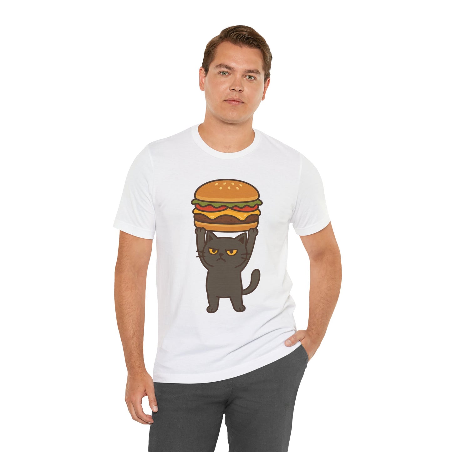 "Hanba-nyaa~" Cute Japanese Cat T-Shirt – Funny Burger & Cat Design – Kawaii Style Unisex Tee – Gift for Food & Cat Lovers