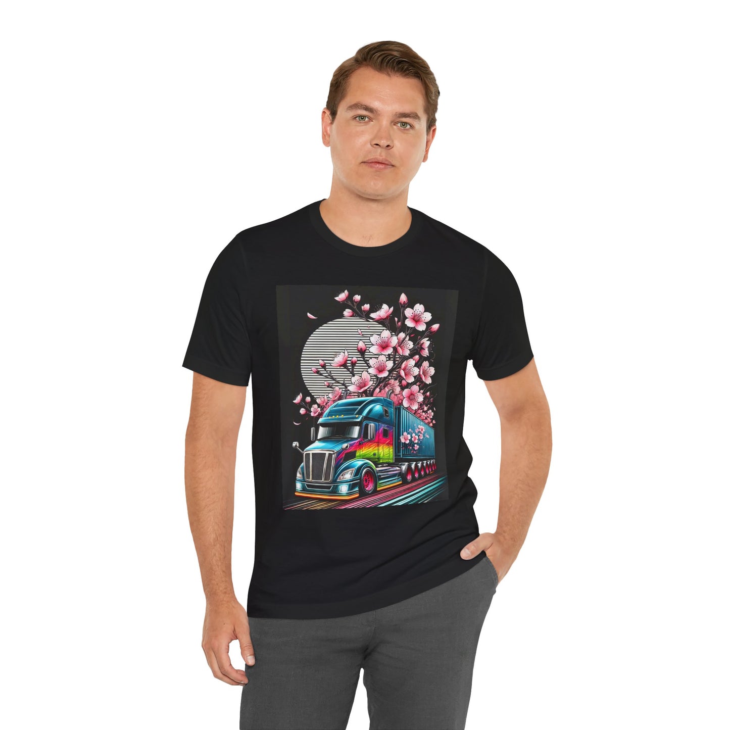 Cherry Blossom Convoy T-Shirt | Japanese Sakura x Modern Truck Art | Unique Graphic Tee for Drivers & Streetwear Lovers No.003