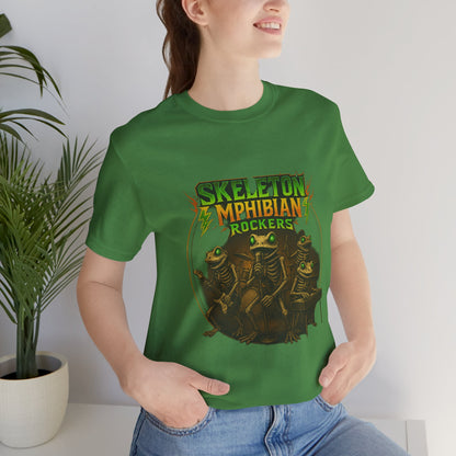 Skeleton Amphibian Rockers Album Cover Tee - Green Eyed Skeleton Frog Band Vocal Guitar Piano Drums Rock Art Shirt