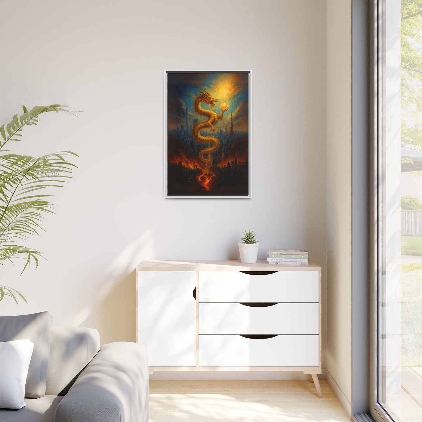 Neo Tokyo Golden Dragon Canvas Wall Art Japan Inspired Skyline Painting Feng Shui Good Luck Decor Dragon Pearl Gift for Dad