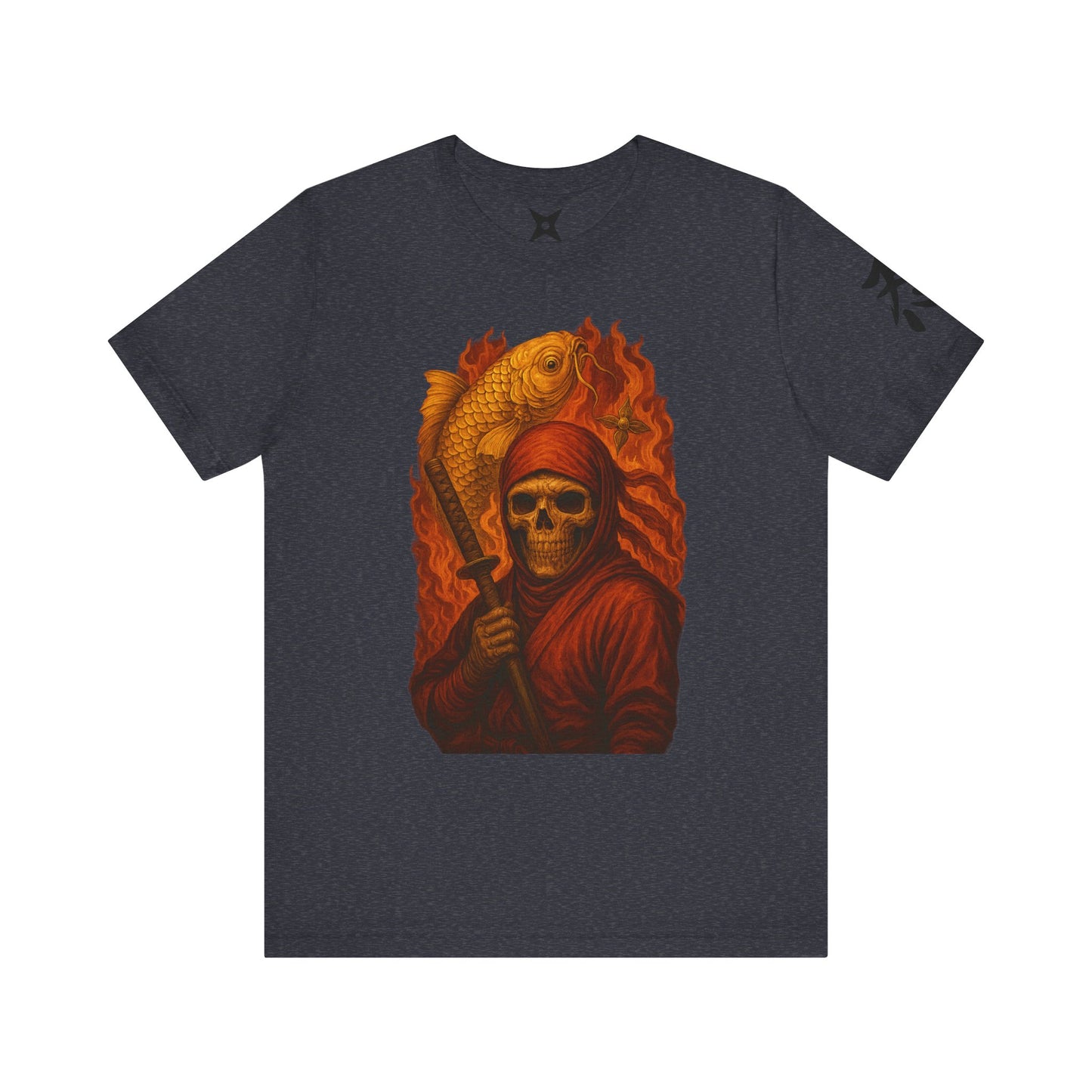 i, High-Detail Gothic Warrior TeDark Red Ninja Skull T-Shirt-Japanese Horror Art, Skeleton Ninja with Golden Koe, Unisex Streetwear