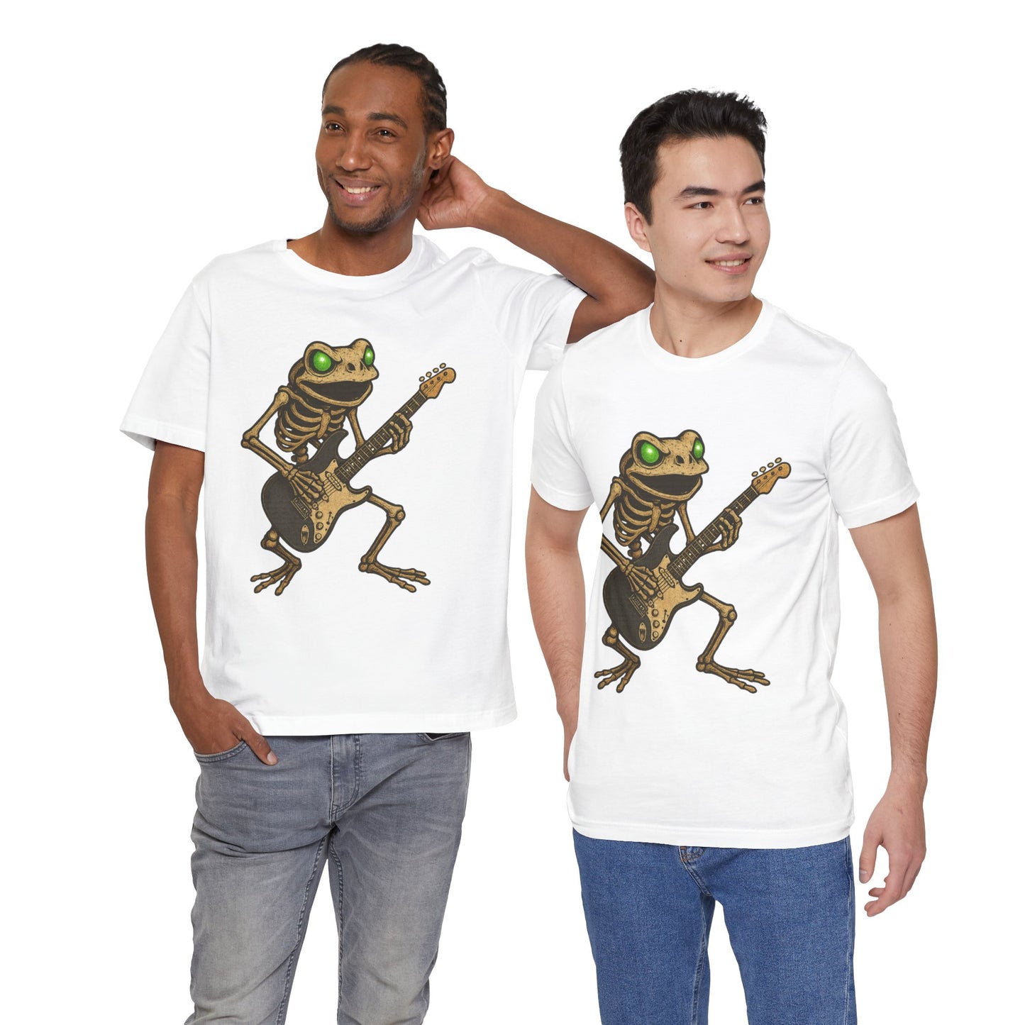 Skeleton Frog Shredding Electric Guitar Tee - Glowing Green Eyes Rock Art Shirt for Musicians Frog Lovers and Gothic Punk Style
