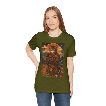 Samurai Cat T-Shirt - Floral Kimono Warrior with Katana | Japanese Ukiyo-e Style, Cherry Blossoms & Mount Fuji | Bold Cat Art Tee
