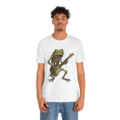 Skeleton Frog Shredding Electric Guitar Tee - Glowing Green Eyes Rock Art Shirt for Musicians Frog Lovers and Gothic Punk Style