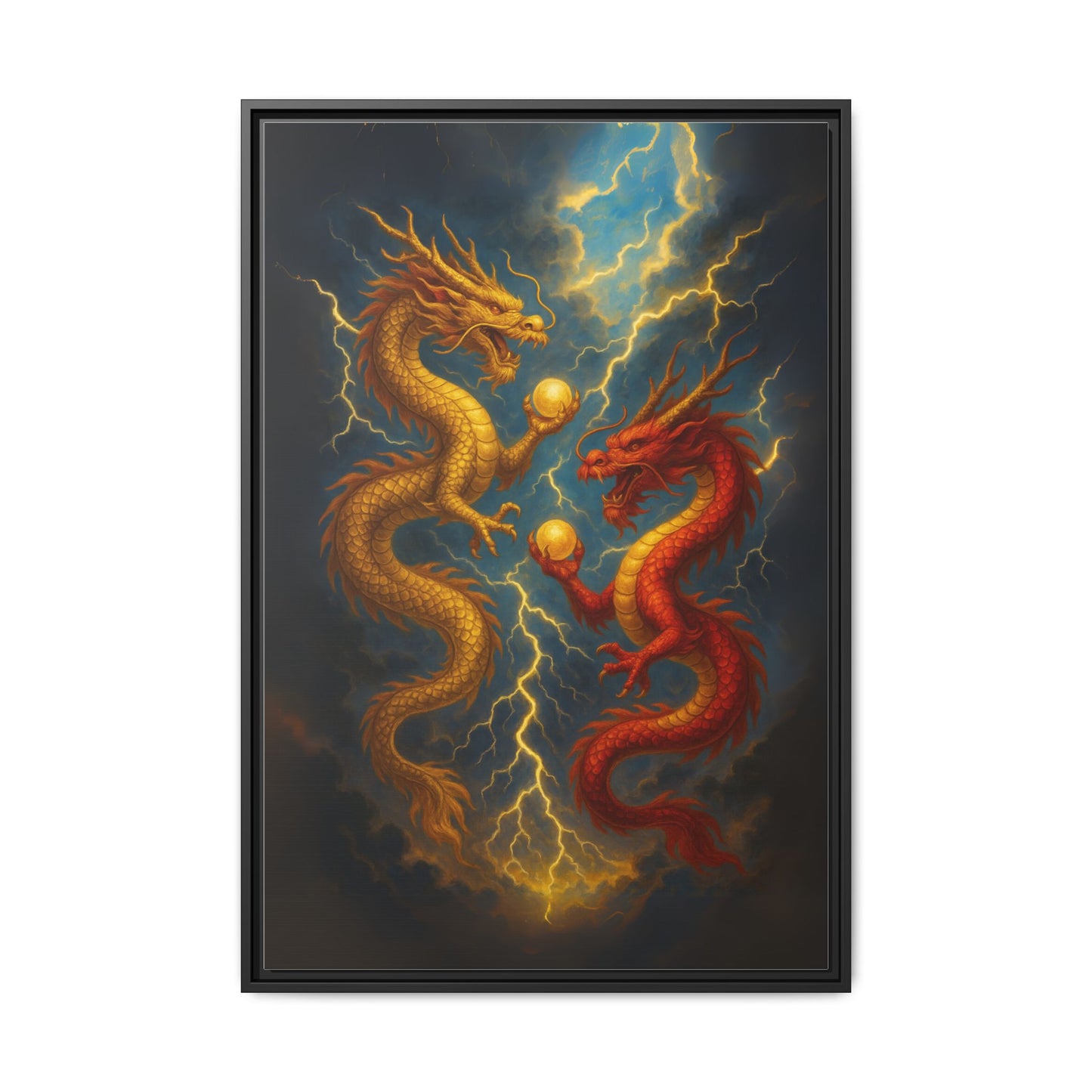 Golden and Red Twin Dragons Canvas Feng Shui Wall Art Lightning Storm Dragon Pearl Good Luck Decor Gift for Dad Living Room