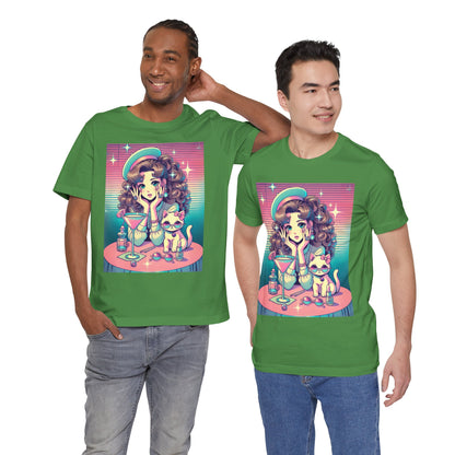 Retro Girl and Cat Graphic Tee Vaporwave Pastel Aesthetic Cocktail Lounge 80s Inspired Shoujo Style T Shirt Gift for Daughter or Dad