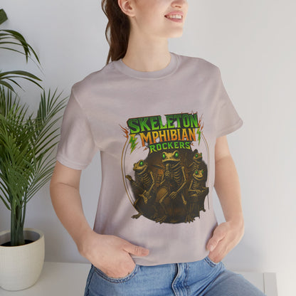 Skeleton Amphibian Rockers Album Cover Tee - Green Eyed Skeleton Frog Band Vocal Guitar Piano Drums Rock Art Shirt