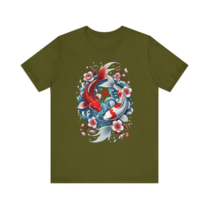 Koi Fish Yin Yang T-Shirt - Japanese Tattoo Style Nishikigoi, Cherry Blossoms, Water Art, Lucky Fish, Unisex Graphic Tee