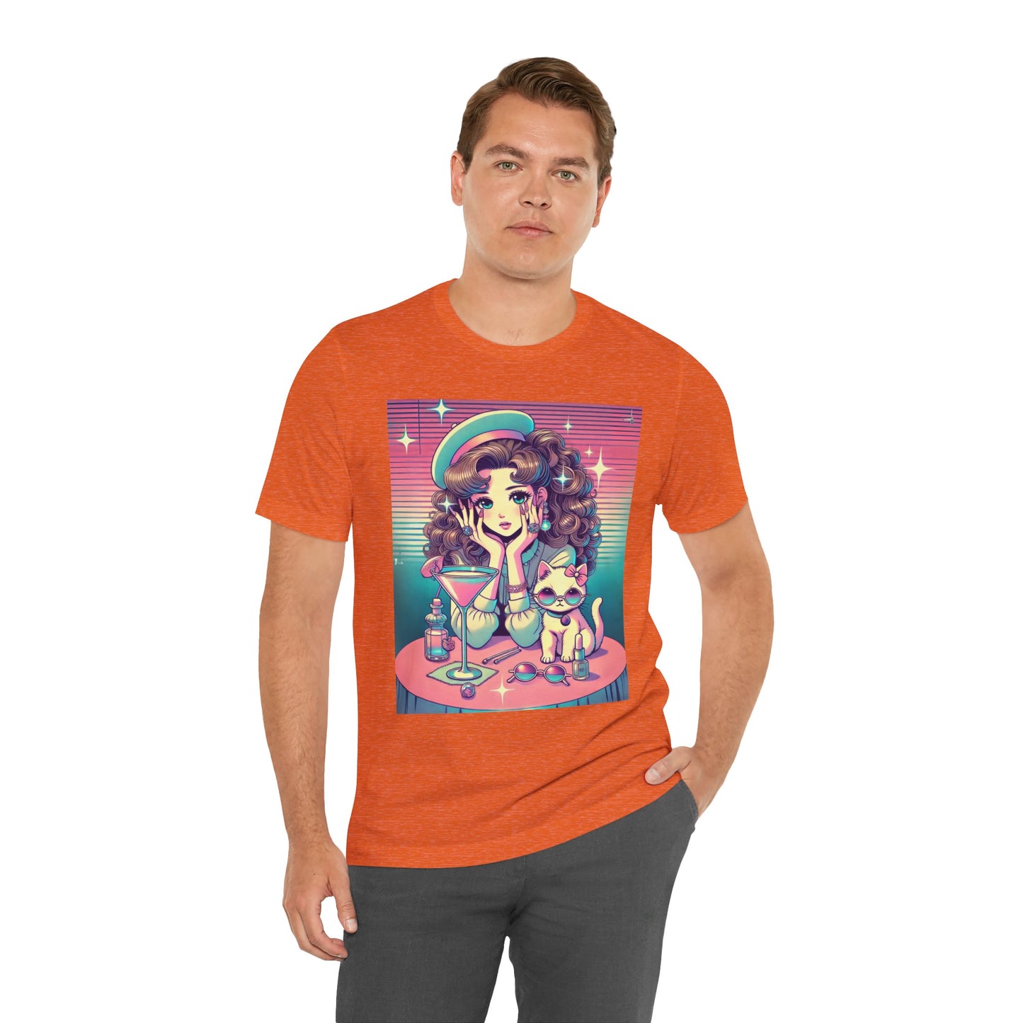 Retro Girl and Cat Graphic Tee Vaporwave Pastel Aesthetic Cocktail Lounge 80s Inspired Shoujo Style T Shirt Gift for Daughter or Dad