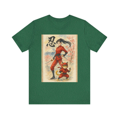 Ninja and Cat Watercolor T-Shirt - Female Ninja in Red Outfit with Katana-Kanji Art, Mount Fuji, Cherry Blossoms - Cool Unise x Japanese Tee