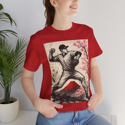 Pro Baseball Pitcher Sumi Ink Art Shirt Fuji Sakura Retro Japanese Print Windup Fastball Tee Japan Inspired Sports Art Gift for Dad