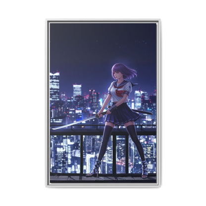 Anime Warrior Girl Canvas Tokyo Night Skyline Katana Wall Art Futuristic Heroine Gift for Daughter or Dad Gaming Room Decor
