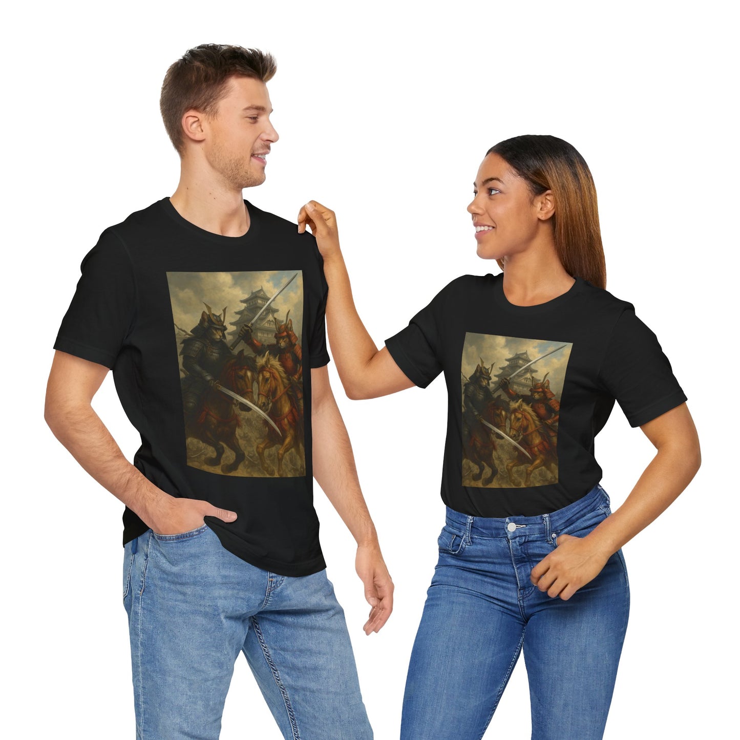 Epic Cat Samurai Battle Tee - War Horses Clash in Front of Japanese Castle  Feline Warrior Art Shirt for Fantasy & Japan Lovers