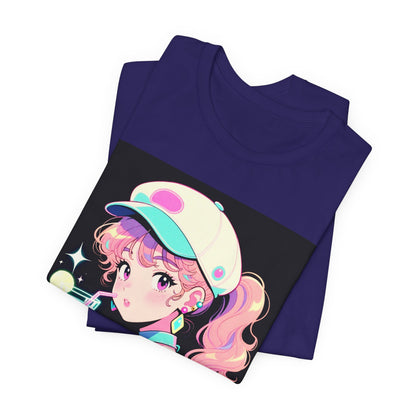 Retro Girl and Cat T Shirt Vaporwave Pastel Anime Shoujo Graphic Tee Neon Cocktail Aesthetic Kawaii Gift for Daughter or Dad Casual Streetwear